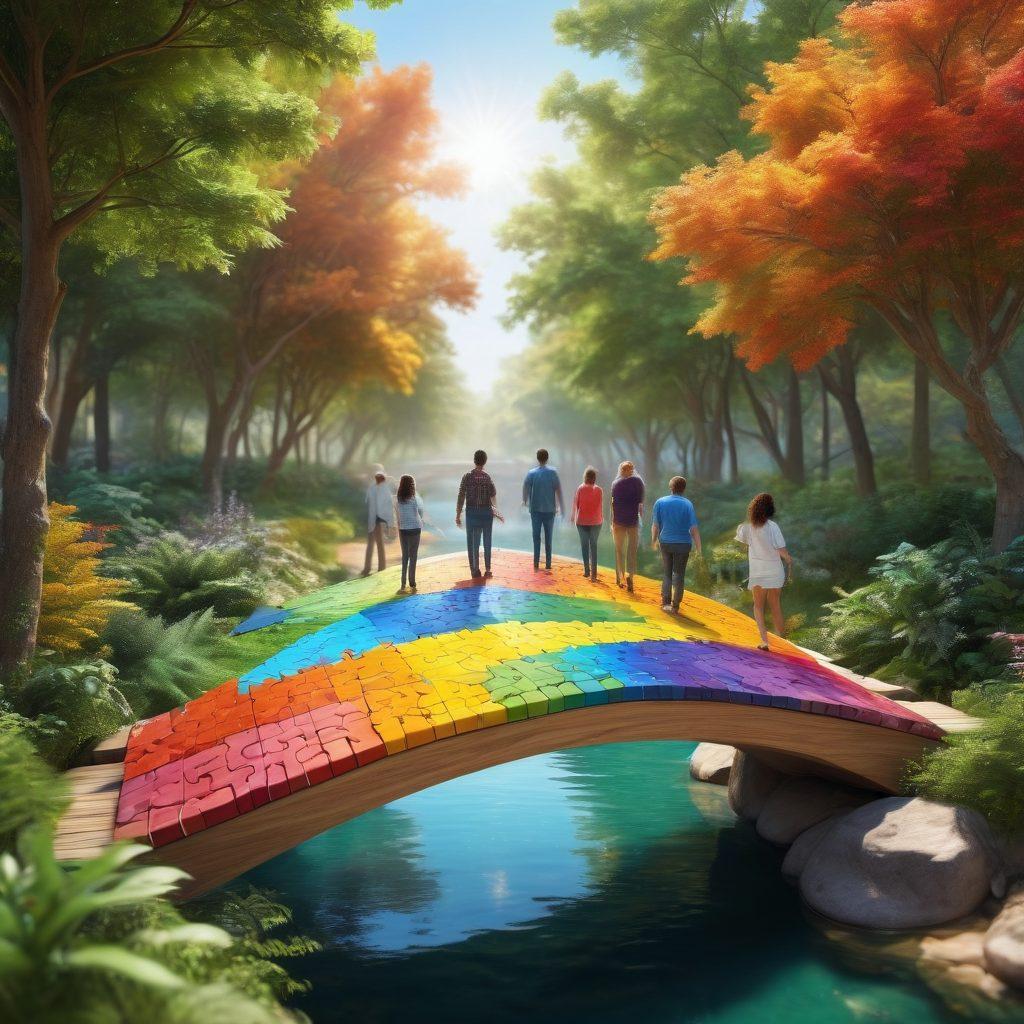 A visually striking bridge made of colorful puzzle pieces, symbolizing the connection and support between neurodiverse individuals. On one side, a diverse group of people of various backgrounds and abilities are sharing ideas and smiles, while on the other side, a vibrant community engaging in advocacy activities. Lush greenery surrounds the scene, representing growth and understanding. Include bright, uplifting colors to convey positivity and inclusiveness. super-realistic. vibrant colors. 3D.