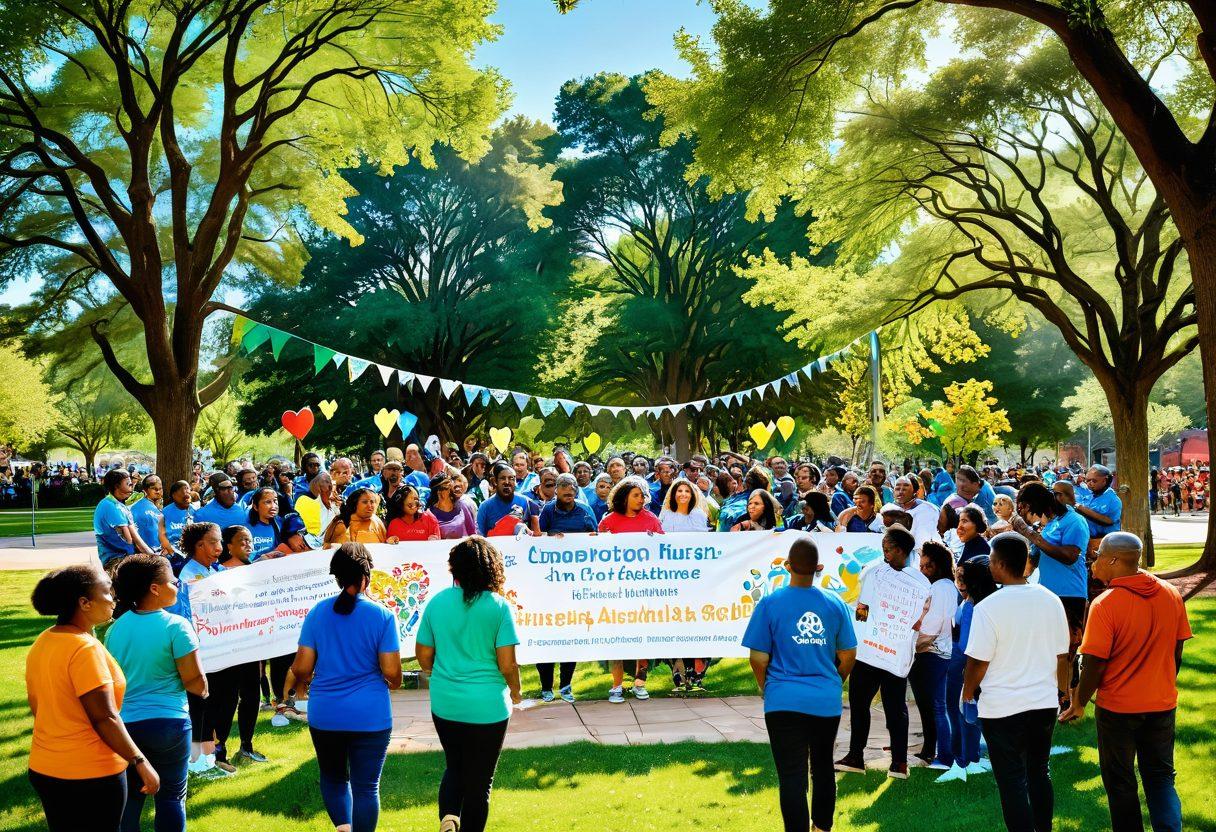A warm, inviting scene depicting a diverse group of individuals engaged in a supportive community event focused on autism awareness. They are sharing stories and experiences, surrounded by colorful banners promoting advocacy and acceptance. In the background, there are symbols of compassion, like hearts and puzzle pieces, creating an atmosphere of unity and understanding. Bright sunlight filters through the trees, emphasizing positivity and hope. vibrant colors. super-realistic.